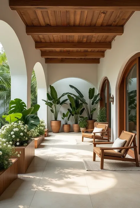 interior: White walls, piso de cemento white pulido, techo de eternit white con tablones de madera caoba,  recycled wood furniture , Natural Textiles,  tropical plants and flowers in ceramic or wooden pots .  Balinese rustic-chic style with elegance and so...