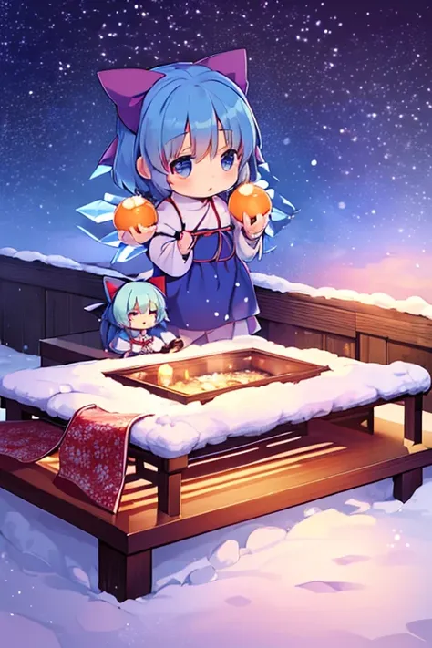 Cirno group (touhou) On a snow-covered winter night, many Cirno are eating tangerines at the kotatsu., (((yukkuri))), (((chibi))), (((head only))) (yukkuri shiteitte ne:1.4), yukkuri