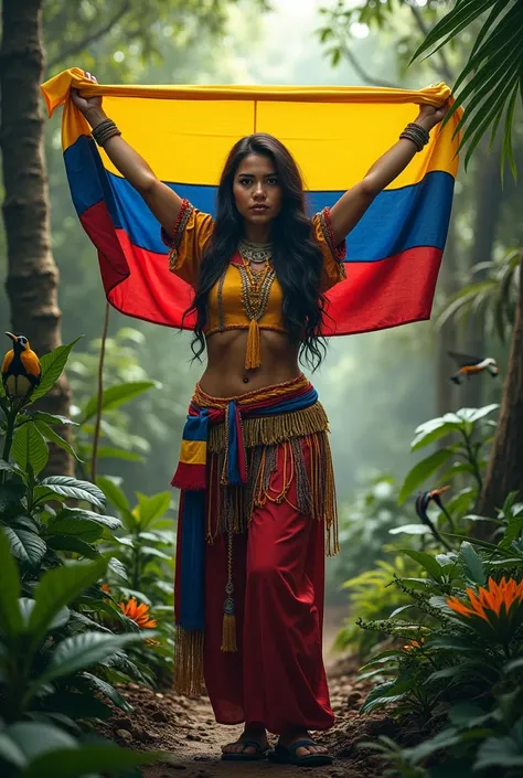 Beautiful Andean woman with flag of Ecuador and scenery of jungle and animals and Amazonian flora
