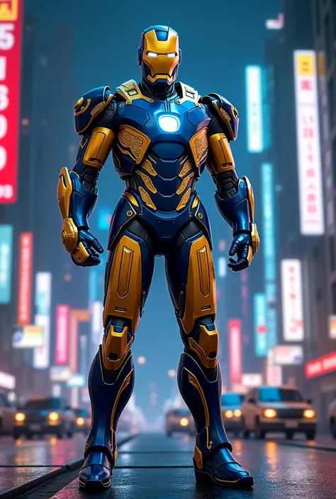 full body Ironman in Gold Saint of Gemini Saga costume with gold boarders on it standing in city night 8k quality