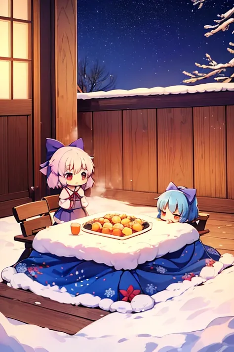 Cirno group (touhou) On a snow-covered winter night, many Cirno are eating tangerines at the kotatsu., (((yukkuri))), (((chibi))), (((head only))) (yukkuri shiteitte ne:1.4), yukkuri