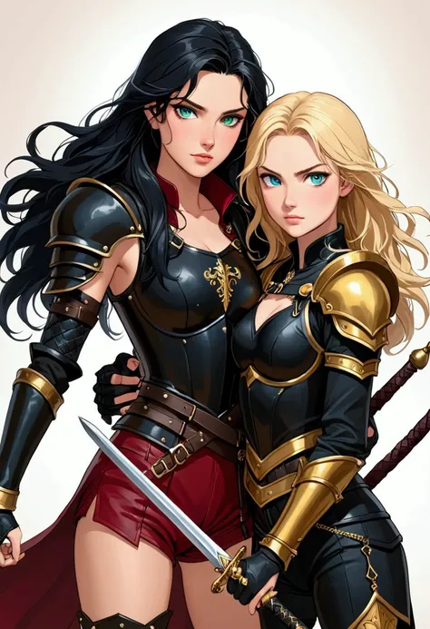  two beautiful young women in love, happy and fun, a warrior with long black hair and blue eyes dressed in black leather armor, a black breastplate with gold details on the chest, black leather shoulder pads, bracelets and cuffs of black leather with gold ...