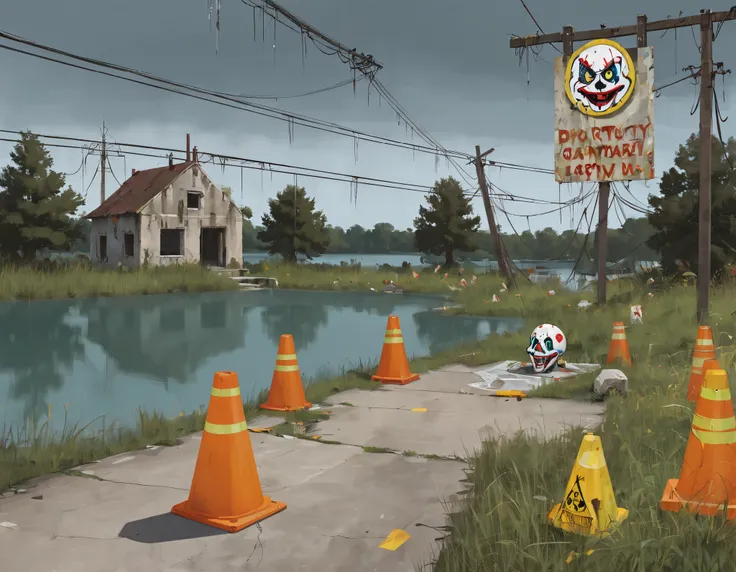 ssta, ruins, biohazard clown skull sign, cones, power lines, lake, trees, grass,