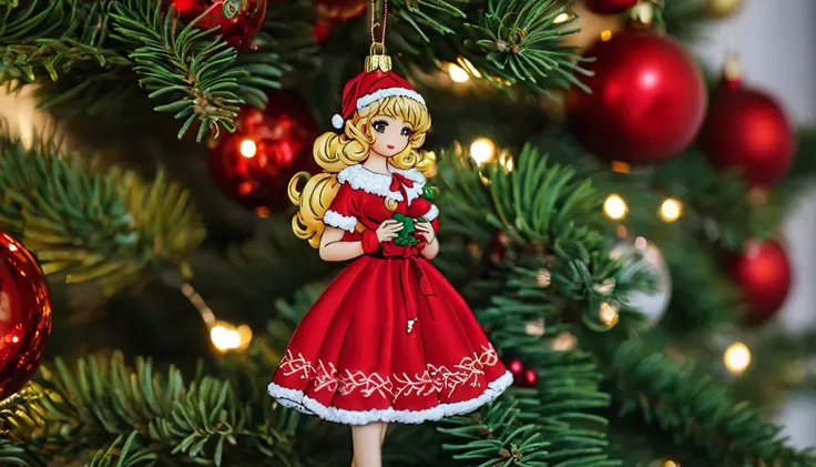 ((Ornaments)) on a Christmas tree that has the perfect shape of a cute Afrikaan anime women dress dressed in Santa clothes.reading the Christmas novena  , Photo: Reliasta 8k ,  face (high detail) 