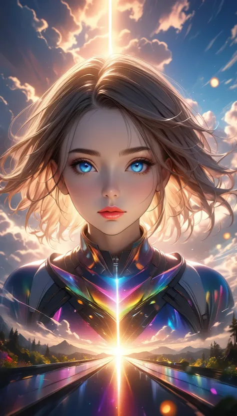 (masterpiece, best quality:1.2), 1girl, solo, pensive girl at sunset, clouds parting to reveal a shaft of light, gazing, bright multicolored transparent path of hope leading to a bright future, ARW, detailed eyes, detailed lips, extremely detailed face, lo...