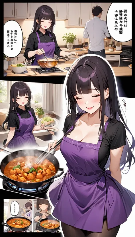 (beautiful and delicate), (immensely Delicious Cooking illustration), (cooking comic, speech bubble, frame, focus line, cooking curry, comic expression), (best sexy closed eyes) (beautiful glossy lip), ((beautiful sexy makeup)), (sexy smile), in a violet E...