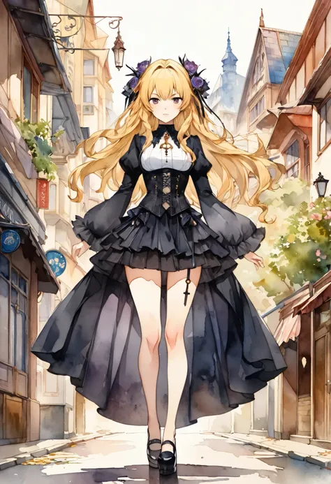 (((nsfw)))、 (((watercolor))), (((gothic))),      tree々Woman standing on a street surrounded by   、 A fascinating scene  ,    Decorated with hair ornaments  、    pose is medium length   ,        wavy blonde hair  ..。.。Super mini skirt with frills, s express...