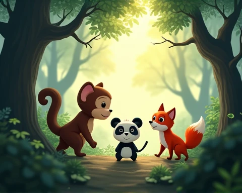 The little panda bear,  the monkey Tian and the fox Mei in the dangerous forest