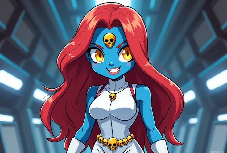 Create a full body illustration , in Chibi style/ cartoon of a curvy woman ,  blue-skinned,   completely bright yellow eyes and long red hair . On your forehead,   there is a small golden jewel in the shape of a skull .  She wears a sleeveless cyberpunk wh...