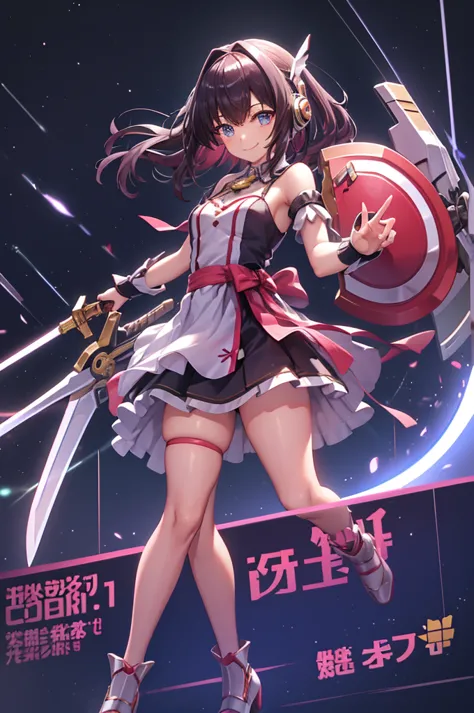 smile、smile、mecha wing、thighs、tights、chest、 shiny hair、 1 girl、 solo girl 、 headphones、idol dress、 i have a sword、 has a shield、...