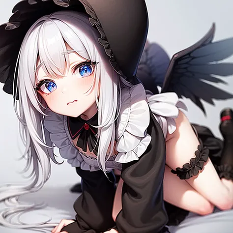 Little devil with cute black devil wings , wearing a very large witch hat, maid clothes,Brat,Beautiful clear white hair ,Blue Eyes, No Background , twin tails,,Lori,Young, with puffy cheeks , seductive expression ,Full body drawing