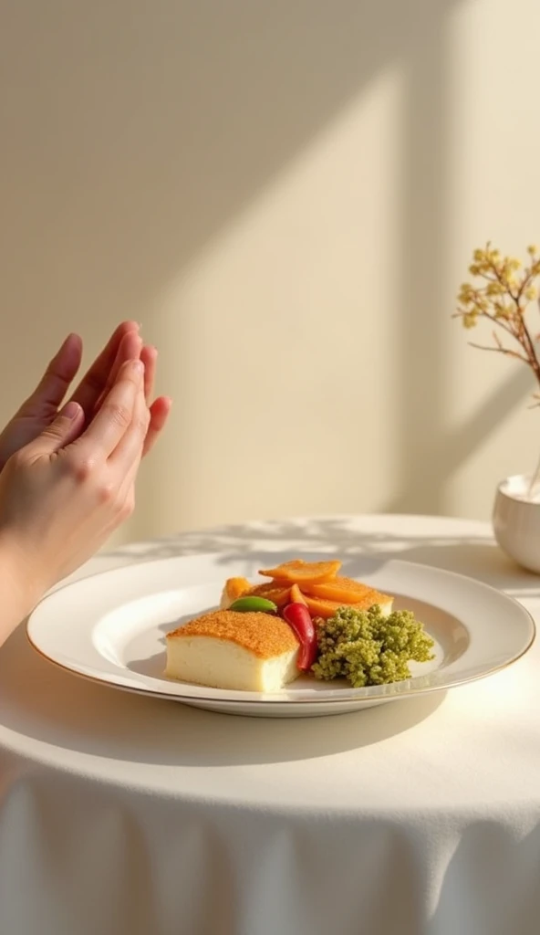 A symbolic image depicting moderation in eating, showing a half-filled plate of simple, wholesome food on a dining table with minimal decoration. A pair of hands in a calm gesture rests beside the plate, symbolizing self-control and gratitude. The backgrou...