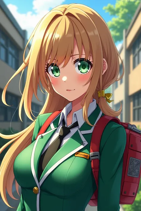  Create an anime girl from My Hero Academia ,  who has very light brown hair , with long hair and butterfly cut ,  with emerald green eyes and who wears a school uniform with a slim build and a large bust
