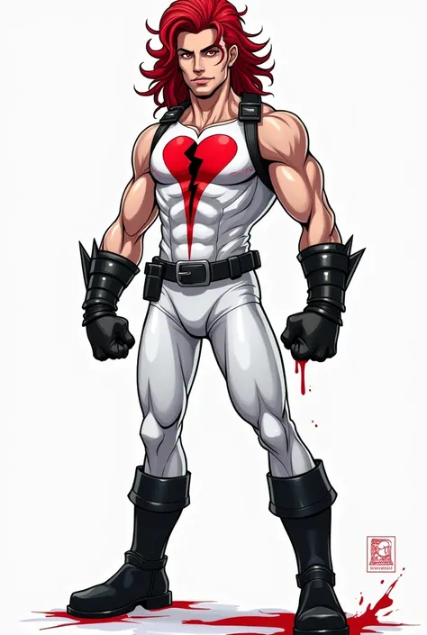 Create a comic book-style drawing of a red-haired, white, 18-year-old superhero with red eyes and blood-controlling superpowers. His uniform is white, and his gloves and boots are large and black, his uniform has a broken heart drawn on the chest.