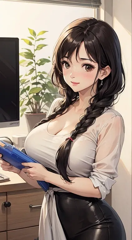  Close-up of a housewife cleaning her room, Eyes not looking at the camera , Shy look, Blushing mother, A braid,  smooth skin,  very detailed clothes , funny suit , Very high detail, Random motion, Interior scene,  big breasts ,  happy , type, Mature Woman...