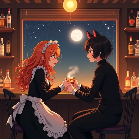 A cozy interior scene set in a warmly lit bar, showcasing an engaging interaction between two characters dressed in elegant, themed attire. One character, with long orange hair styled in loose waves and wearing a classic maid outfit, gently hands a drink t...