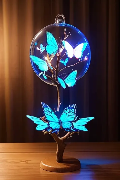 Use a butterfly-shaped LED light 、 to create a decoration attached to a tree branch 。Blue and red butterflies emit light 、 design that there are butterflies in the glass sphere 。 Try to have an overall fantastic atmosphere。
