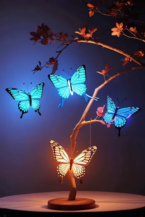 Use a butterfly-shaped LED light 、 to create a decoration attached to a tree branch 。Blue and red butterflies emit light 、 design that there are butterflies in the glass sphere 。 Try to have an overall fantastic atmosphere。
