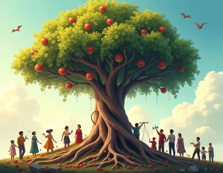  A huge tree whose roots are tools  (to, hammer, books) that symbolize the productive forces .  The branches of the tree are loaded with fruits that represent collective benefits (education, dwelling, health, culture).
Around the tree,  people of different...