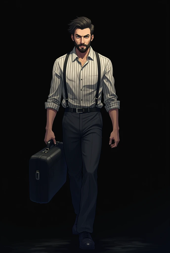  The image depicts a man with a beard and dark hair ,  dressed in a striped shirt and suspenders . He carries a black briefcase ,  suggesting that he may be a traveler or worker . 

 The illustration style is detailed and realistic ,  with shadows and ligh...