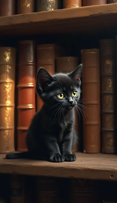 Ultra-detailed (a black kitten with intense yellow eyes, small and cute, sitting on a shelf full of old books in a library with soft lamplight), Hyper-realistic and cinematic lighting, 4k.