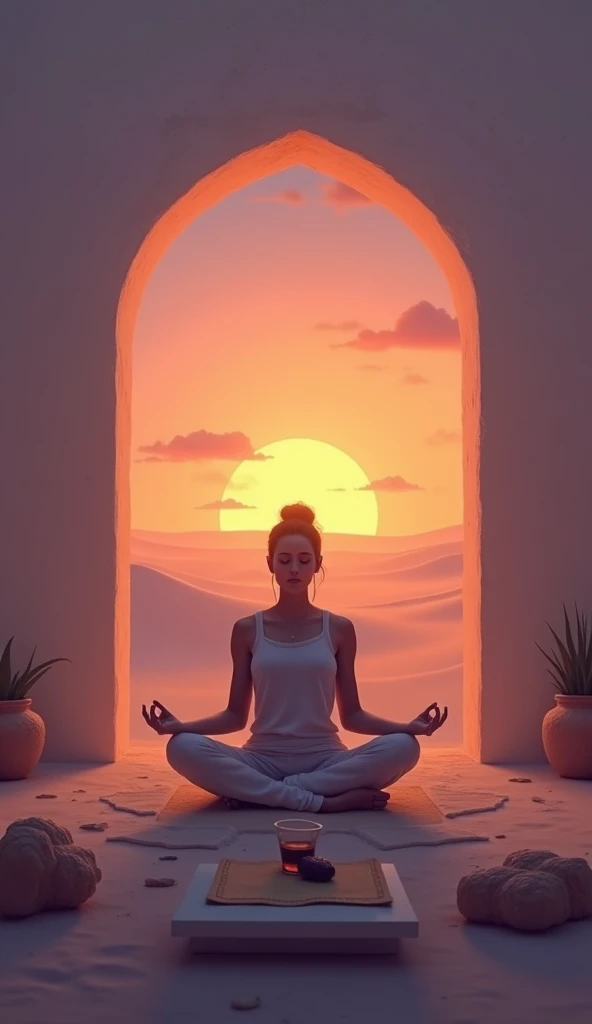 A serene image of a person sitting in peaceful meditation at sunset, symbolizing fasting. A glass of water and a single date are placed on a low table in front of them, signifying the break of fast. The background shows a glowing orange and purple sky over...