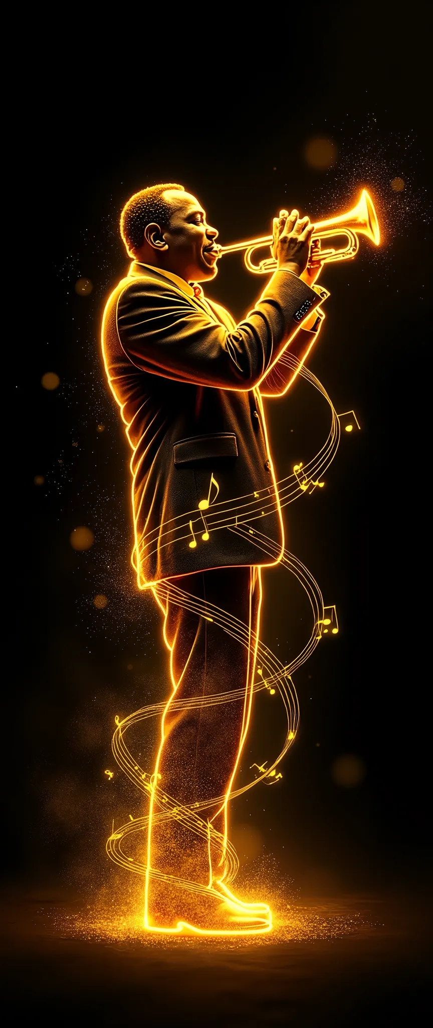 Louis Armstrong playing trumpet in the dark. glowing golden notes and music staves springing skyward spirally from his feet and they are warmly illuminating him.simple black background. minimalism.happy mood