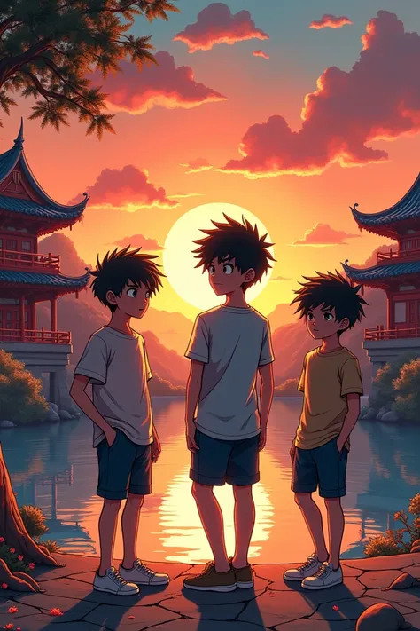 Create a manga cover featuring three teenage boys in an oriental setting at sunset.