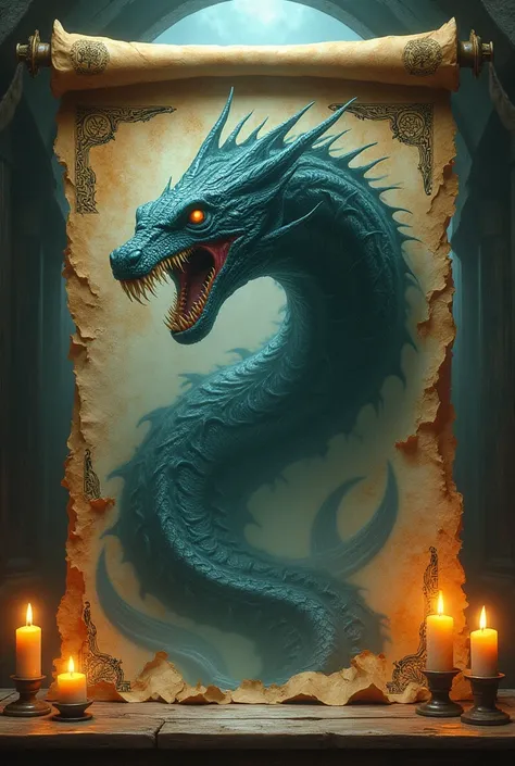  Create an image of an ancient scroll with the description of Leviathan, surrounded by candles and mystical symbols . Make this epic image  