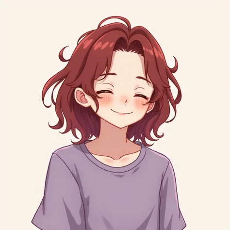 Long Hair, dark Red Hair, adult Male, Pale,
Smile, Simple background, cute simple Character Design, closed eyes, purple shirt