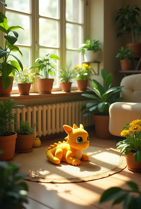 Hufflepuff Harry Potter vibes aesthetic deco room plants and dragons, header style. Beige, brown, withe and yellow. Flowers, yellow little dragon. Sun lights in a Windows.  Beige color, brown warm.