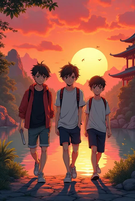 Create a manga cover featuring three teenage boys in an oriental setting at sunset.