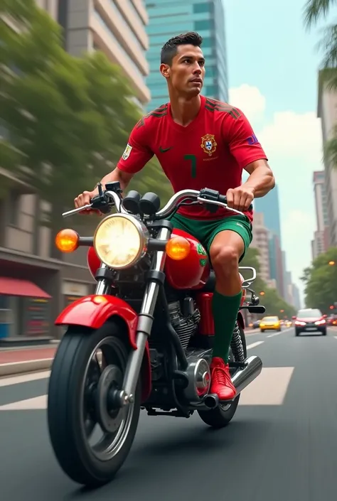 Famous football player Ronaldo wearing portugal jersey pants boots e rickshaw (toto) on the road. And its going fast