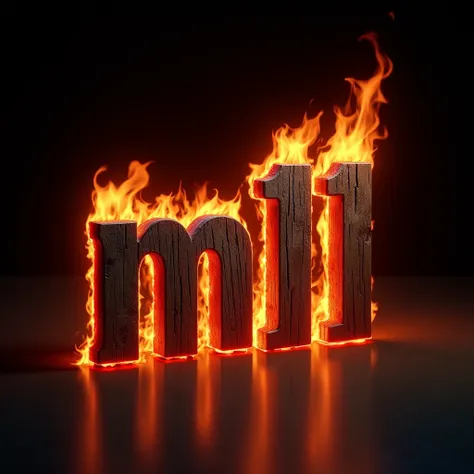 Écrire le texte « M11 » style bois 3D noir avec contour rouge.  Le texte est en feu. Fond noir. 