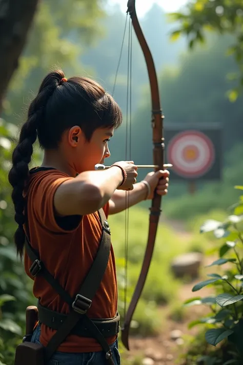  A young man or a young woman observing a target along with a bow and arrow in hand, ready to shoot .  The aim at the target represents clear and focus .