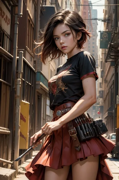 (masterpiece, best quality:1.2), cowboy shot, solo, dynamic pose, 1girl, ruby rose, looking at viewer, t-shirt, skirt, in steampunk city street