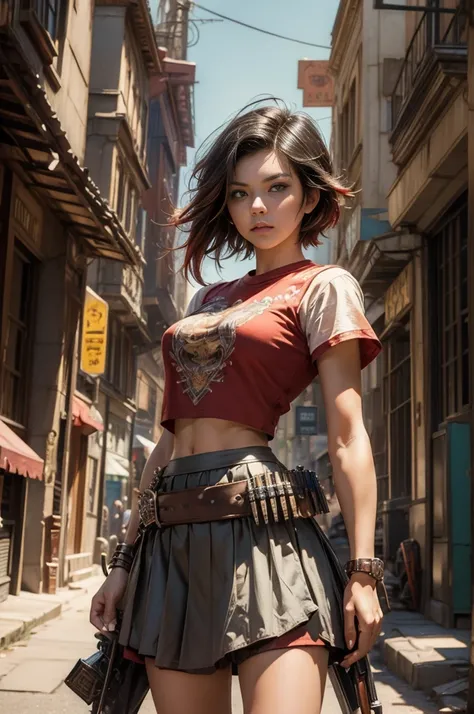 (masterpiece, best quality:1.2), cowboy shot, solo, dynamic pose, 1girl, ruby rose, looking at viewer, t-shirt, skirt, in steampunk city street