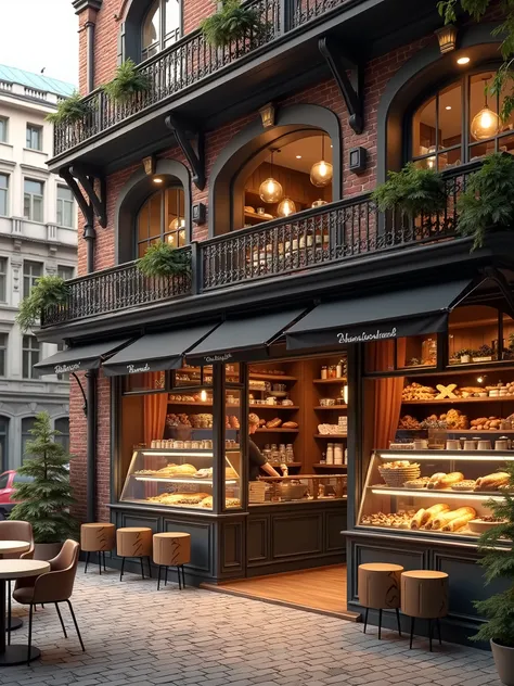 a bakery,  with breads, cakes, sweets, display window, balcony, tables and chairs for customers,  very realistic, micro details, cinematic,  best quality, ultra high res, (photorealistic: 1.4),(8k, foto RAW, melhor qualidade, master:1.2), (realista, fotorr...