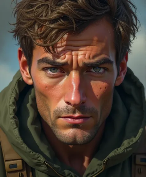  28-year-old military man, with greyish green eyes , brown hair and freckles.