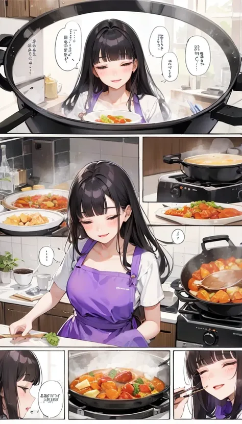 (beautiful and delicate), (immensely Delicious Cooking illustration), (cooking comic, speech bubble, frame, focus line, cooking curry, comic expression), (best sexy closed eyes) (beautiful glossy lip), ((beautiful sexy makeup)), (sexy smile), in a violet E...