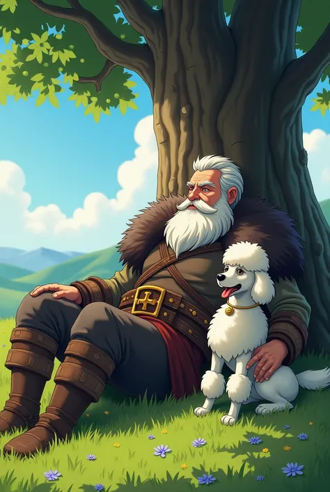 An older man dressed as a Viking ,  lying on the grass while leaning on a tree ,  next to him is a white poodle dog, Anime style