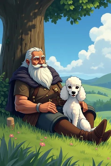 An older man dressed as a Viking ,  lying on the grass while leaning on a tree ,  next to him is a white poodle dog, Anime style