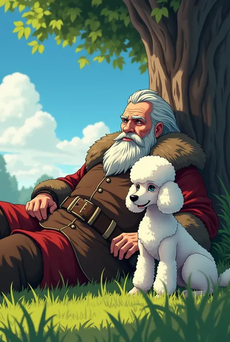 An older man dressed as a Viking ,  lying on the grass while leaning on a tree ,  next to him is a white poodle dog, Anime style