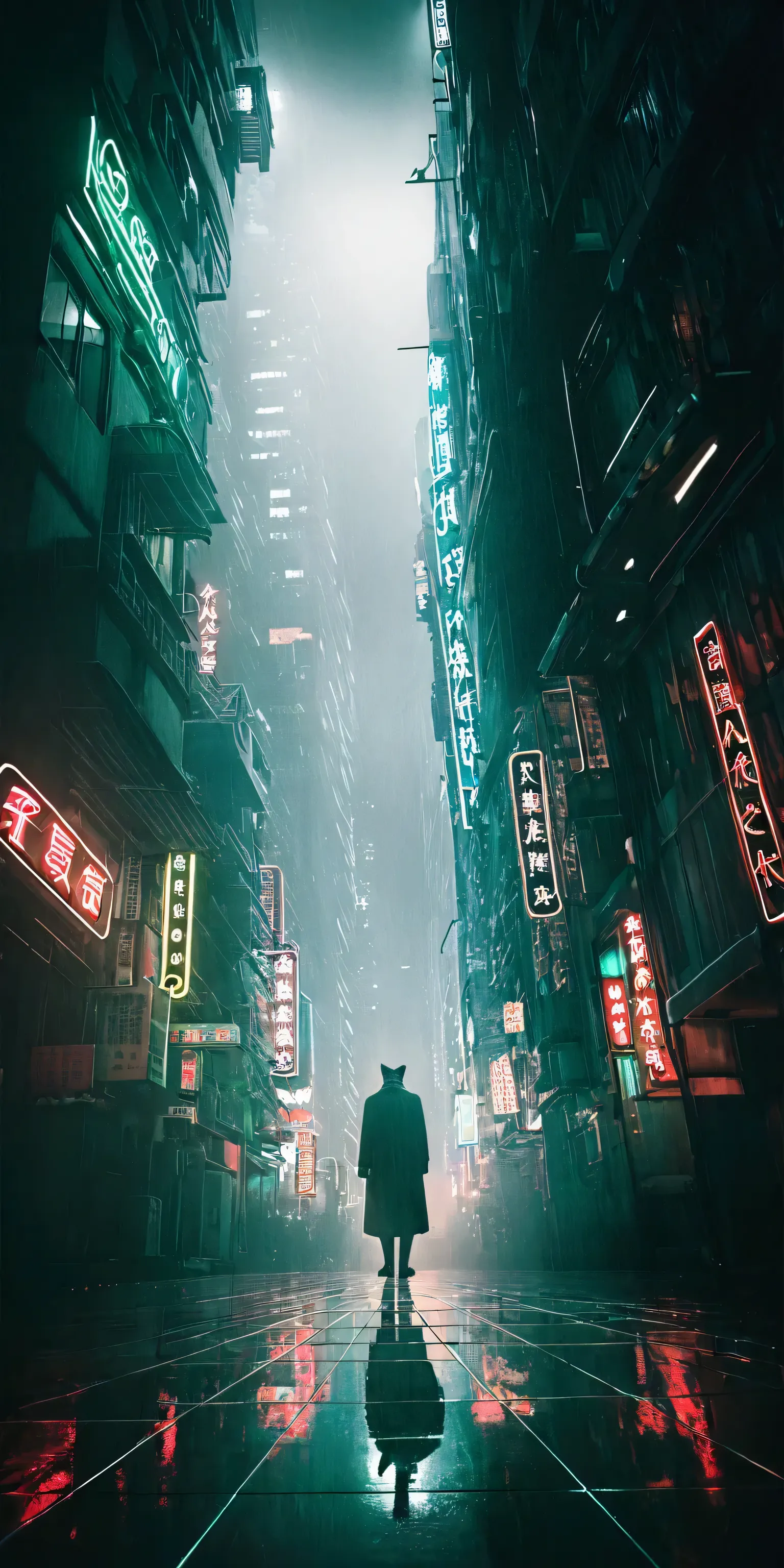 (snapshot:1.3) photo. of beautiful hong kong (neon:1.3) city. realistic photos.1man(cat-man). night (entertainment district:1.3)...