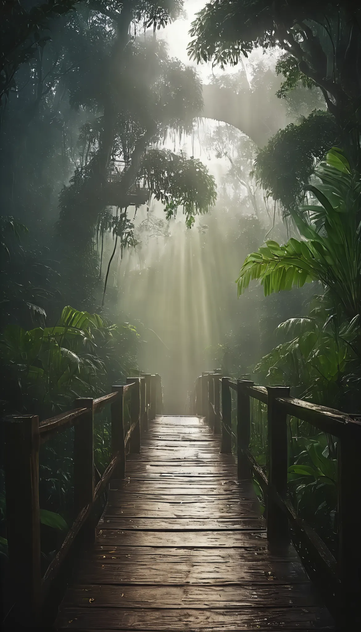 a wooden suspension bridge in the middle of a dense jungle, fog surrounding the bridge, the bridge is viewed head-on, lush exotic vegetation and trees in the background, (best quality,4k,8k,highres,masterpiece:1.2),ultra-detailed,(realistic,photorealistic,photo-realistic:1.37),HDR,UHD,studio lighting,ultra-fine painting,sharp focus,physically-based rendering,extreme detail description,professional,vivid colors,bokeh,landscape,cinematic lighting,moody atmosphere