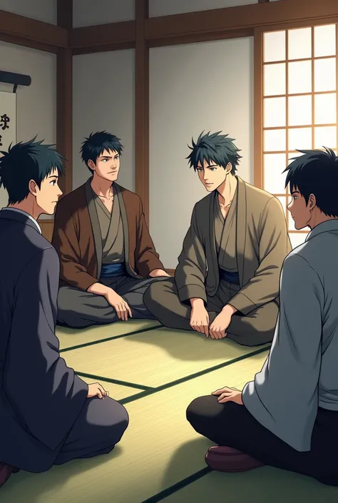 Men are meeting in circles inside the house in anime image