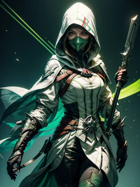 A female assassin from assassins creed, wears a white and neon green full body outfit, wears green color hood & face mask , 4k, mobile wallpapers, masterpiece, best quality art, digital art, portrait full body view, close up, green background