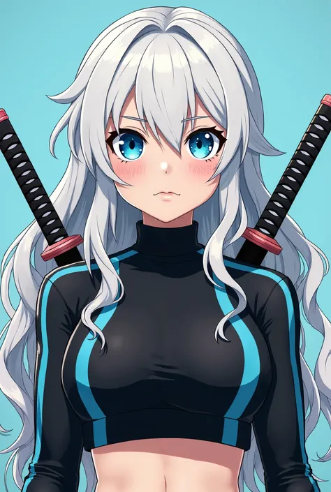  My Hero Academia style girl with long wavy white hair, serious blue eyes, big eyelashes, fair skin with freckles, full body hero costume in black with neon blue stripes with a short sweater down to the neckline and on her back she has katanas and on her s...