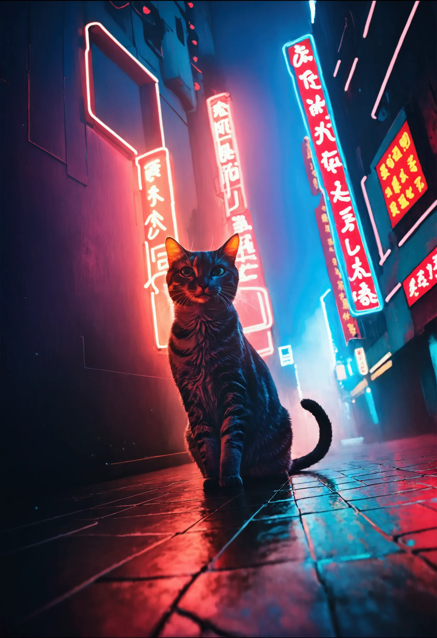 (snapshot:1.3) photo. of beautiful hong kong neon city. realistic photos.(lively cute furry cat-people). night (entertainment di...