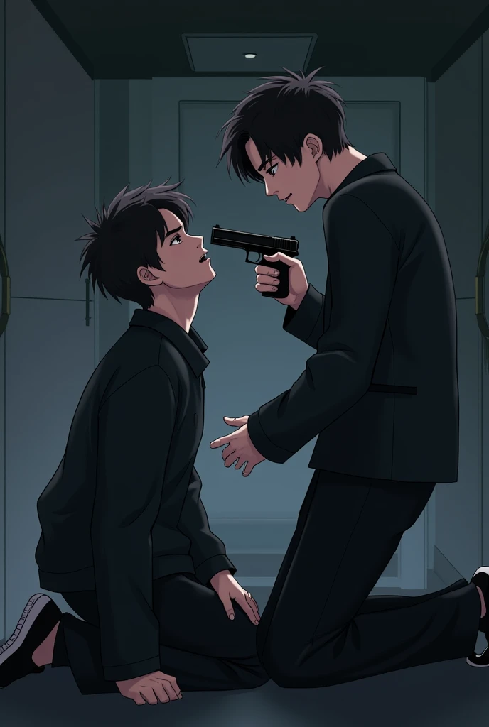 close up of their faces, lee know from stray s is kneeling on the floor in front of han Jisung from stray s. han Jisung is gently tipping lee knows head back while holding the tip of a GUN under his chin, making lee know look up at him